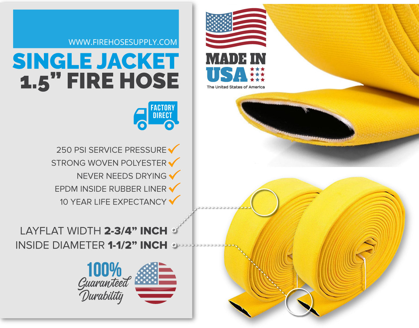 1.5 inch fire hose material yellow no fittings