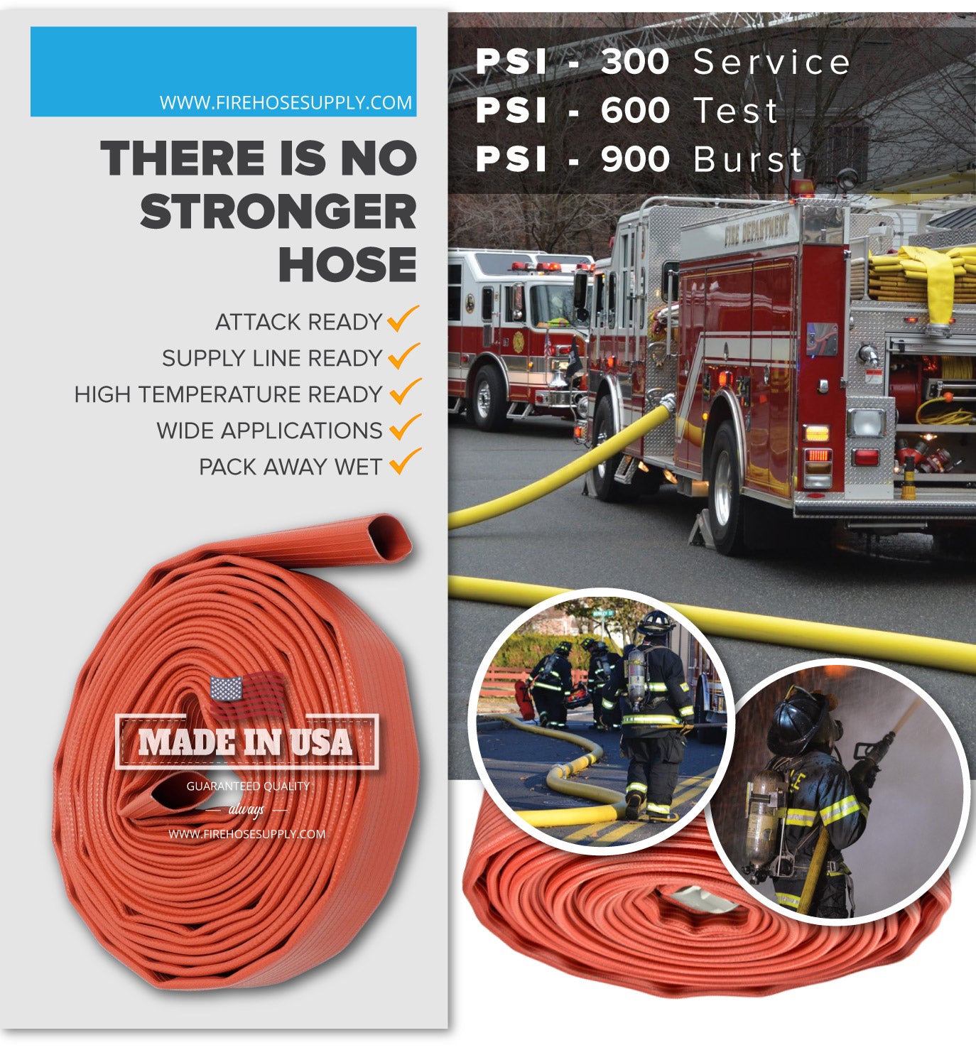 1.75 Inch Rubber Fire Hose Material Only Supply And Attack Ready Firefighter Red 600 PSI Test