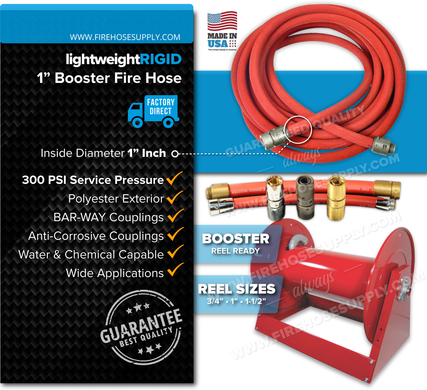 1 Inch Booster Fire Hose Aluminum Threads Couplings Overview 300 PSI