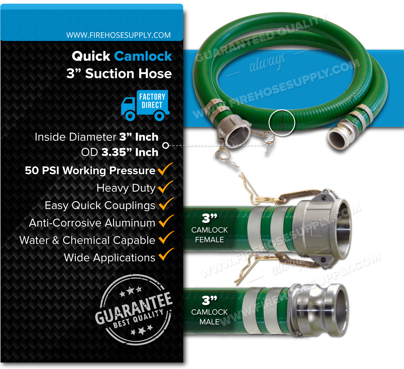 3 Inch Camlock Female x Male Green Suction Hose Overview