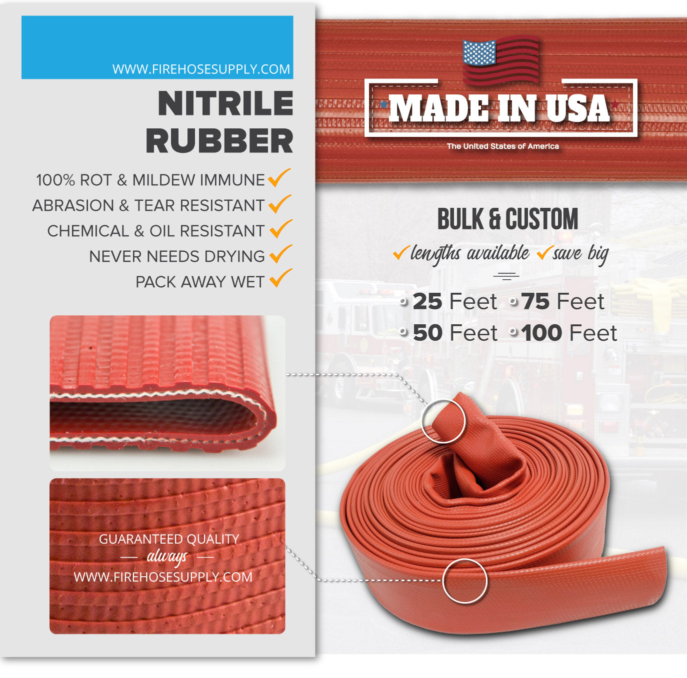 3 Inch Uncoupled Rubber Fire Hose Only No Connectors Red Nitrile 300 PSI