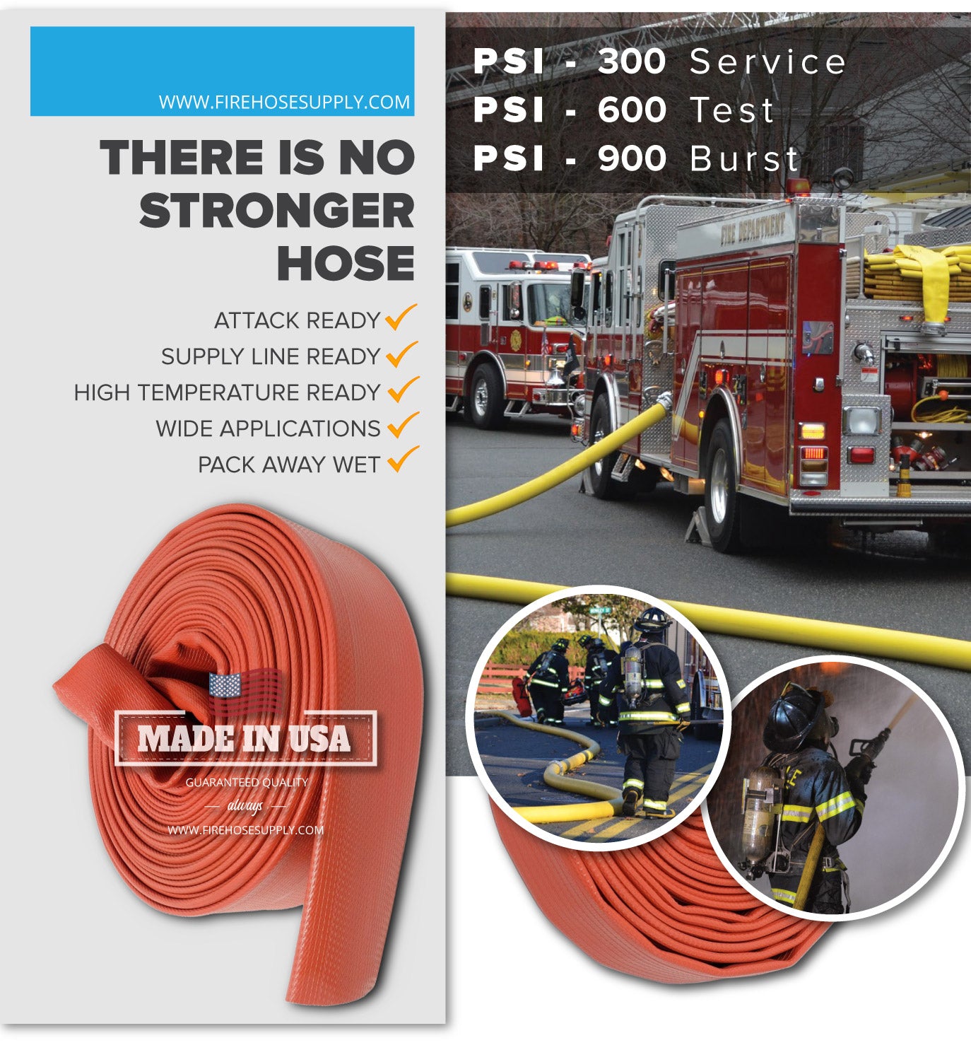 3 Inch Rubber Fire Hose Material Only Supply And Attack Ready Firefighter Red 600 PSI Test