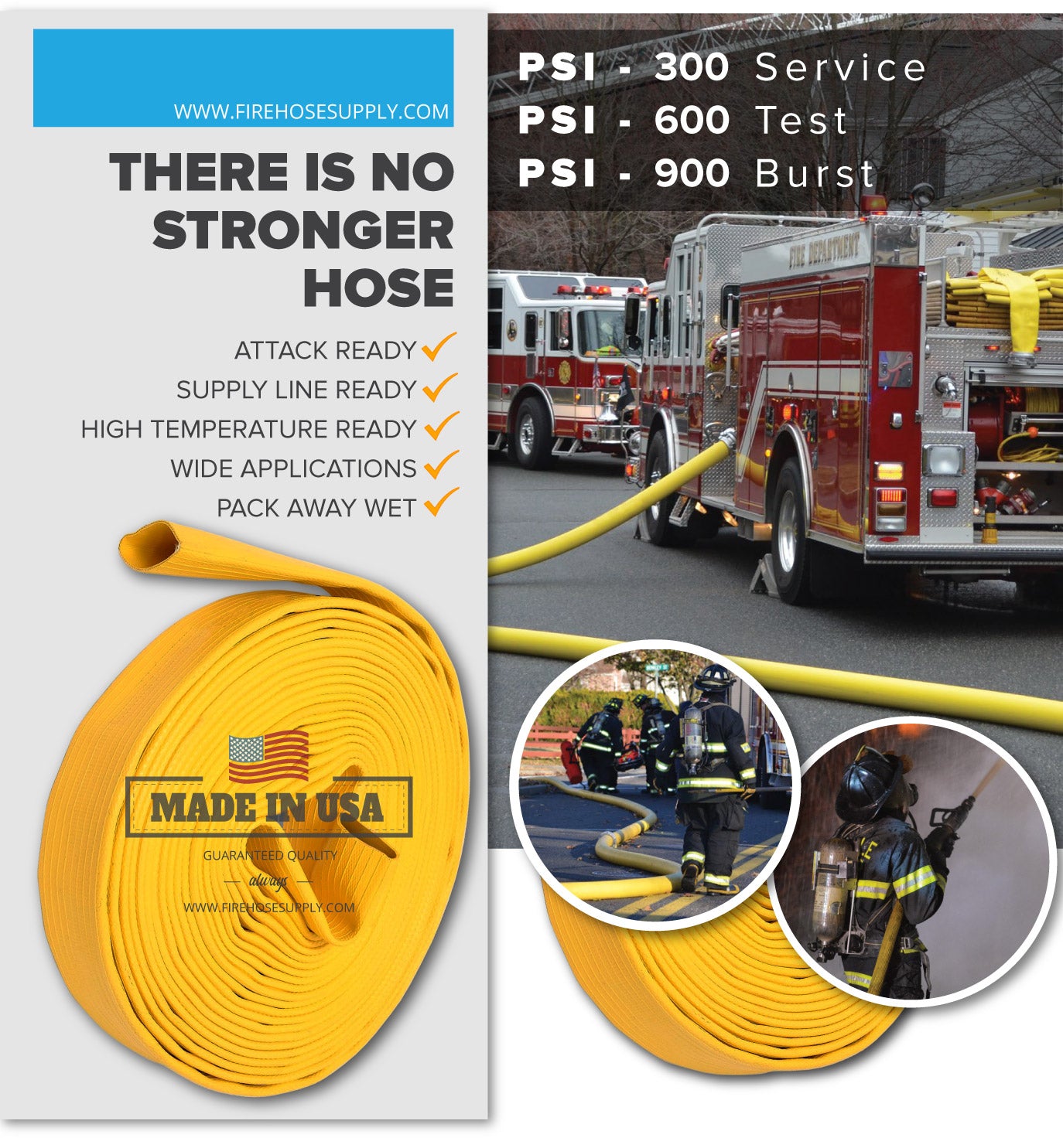 3 Inch Rubber Fire Hose Material Only Supply And Attack Ready Firefighter Yellow 600 PSI Test