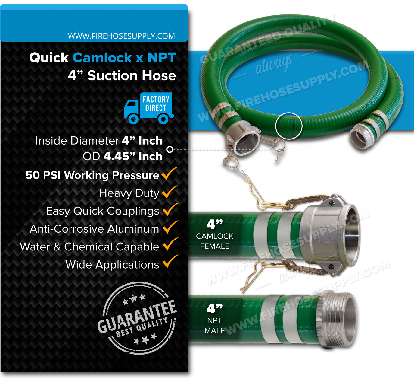 4 Inch Camlock Female x NPT Male Green Suction Hose Overview