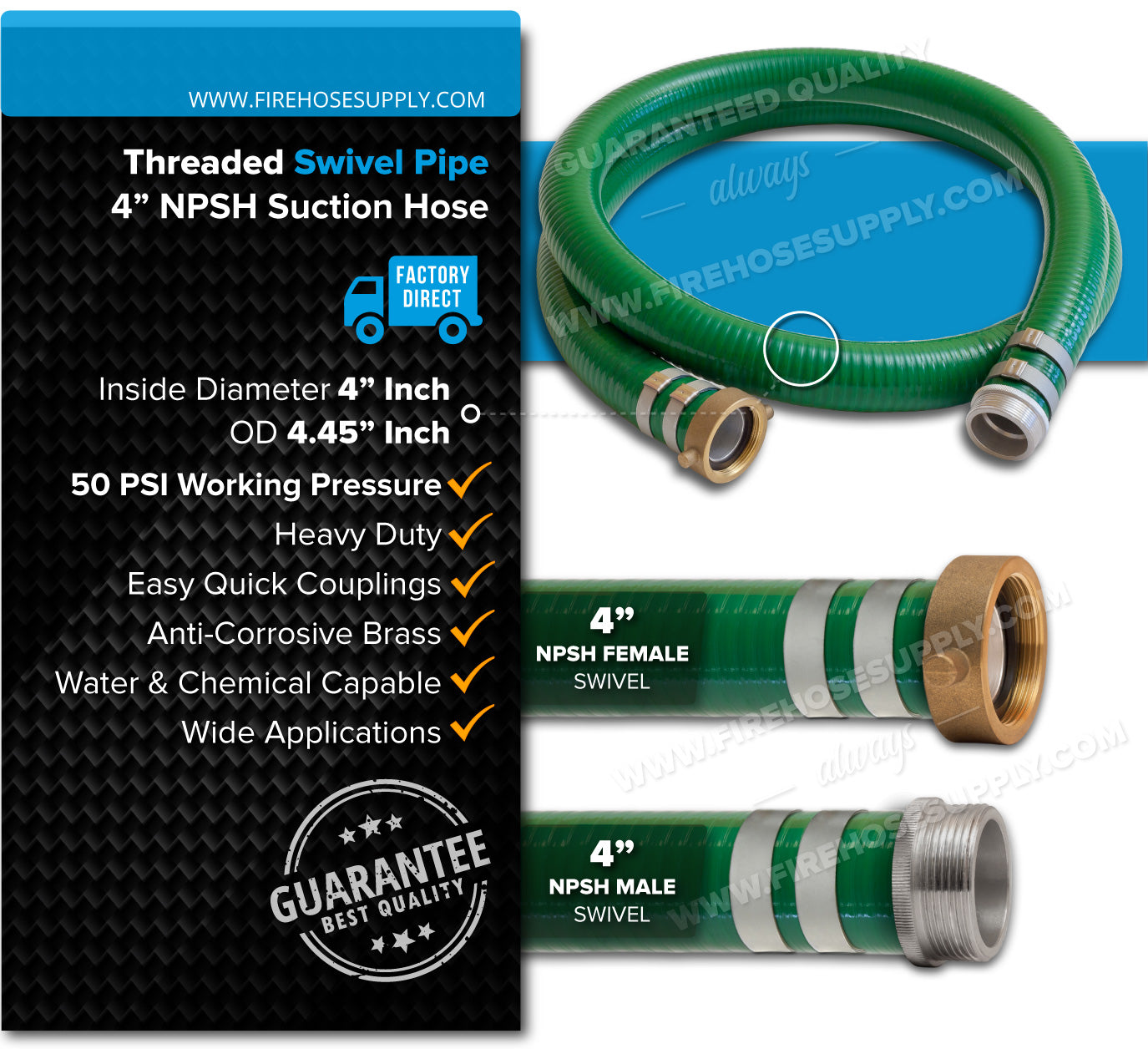 4 Inch Threaded Female x Male Green Suction Hose Overview