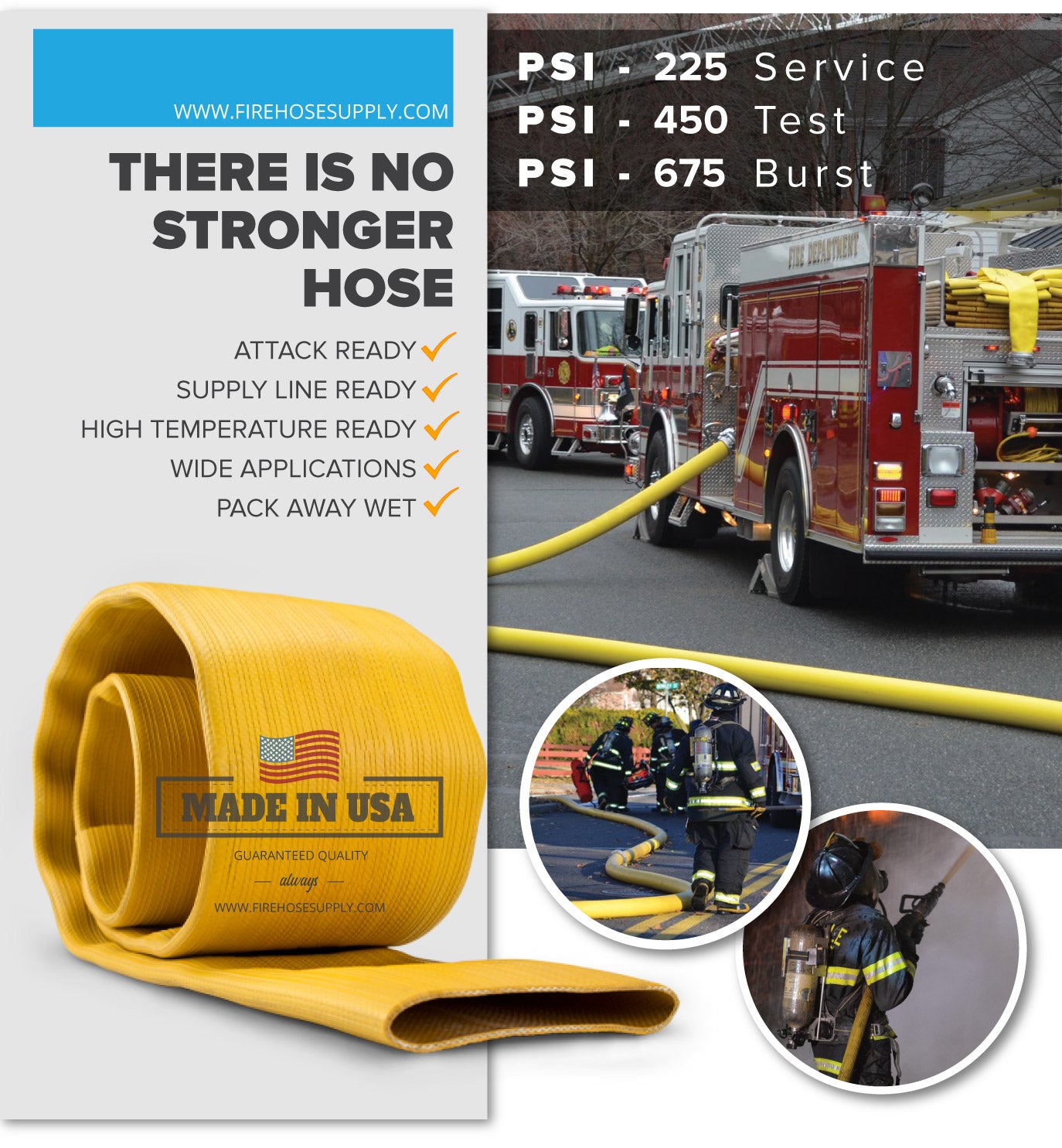 5 Inch Rubber Fire Hose Material Only Supply Ready Firefighter Yellow 450 PSI Test