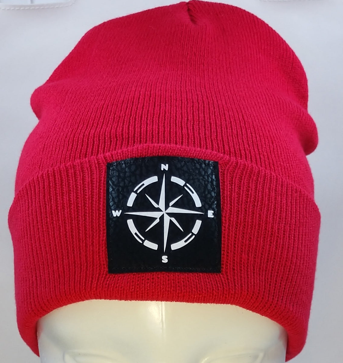 Red Buddha Beanie with hand made compass patch over your third eye