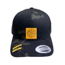 Load image into Gallery viewer, Trucker Hat Cap Camo Yupoong multicam black snapback with handmade vegan leather viking norse compass vegvisir  by Buddha Gear