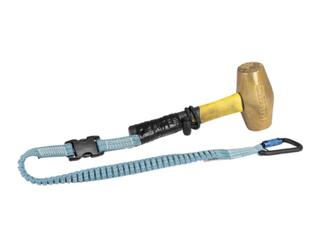 Self adhesive tool tape use to secure a hammer to a FallTech 5lb Tool Tether with speed-clip, choke-on cinch-loop and aluminum twist-lock carabiner