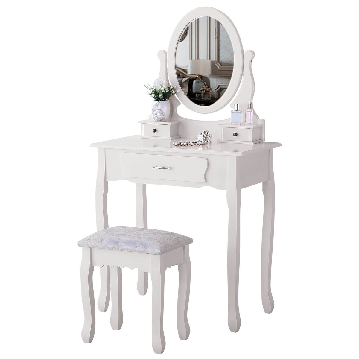 Mecor Vanity Table Makeup Dressing Table With Oval Mirror Bedroom Vanity Set W Cushioned Stool 4 Drawers Women Girls Kids Black Vanities Vanity Benches