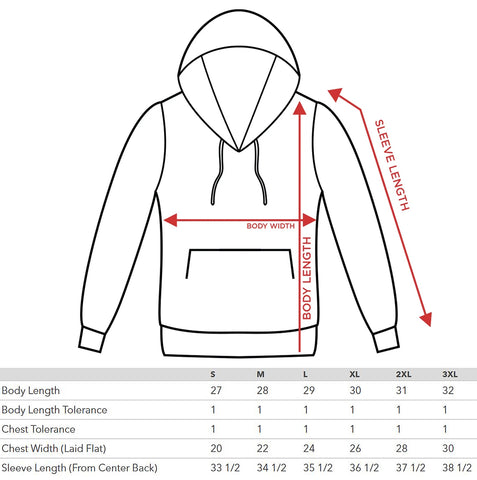 pullover hoodie size chart