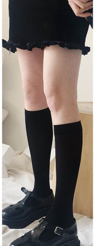 Woman Cute Black White Velvet Lolita Long Socks Solid Color Knee High Socks