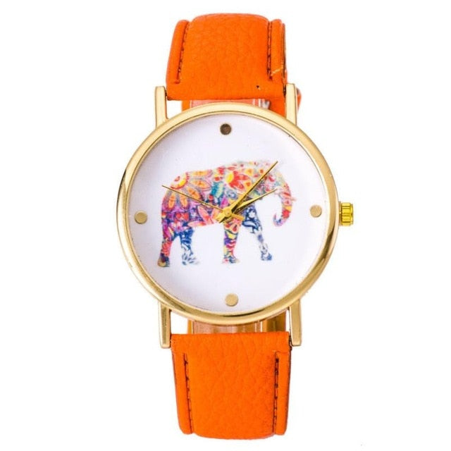 Elephant Pattern Leather Band Quartz Wrist Watch