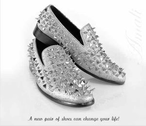 silver spiked loafers