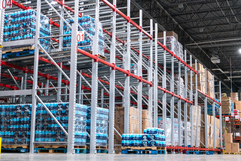 Pallots of beverages at Cottonwood Distribution in First In, First Out pallet racking solution from Hoj Innovations