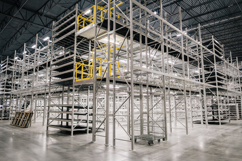 New pallet racking with mezzanine levels installed in a warehouse