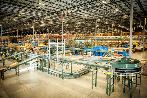 The massive Backcountry.com warehouse with pallet racking and extensive automated conveyor systems
