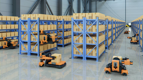 Robotic picking carts travel through an automated warehouse fulfilling outbound orders