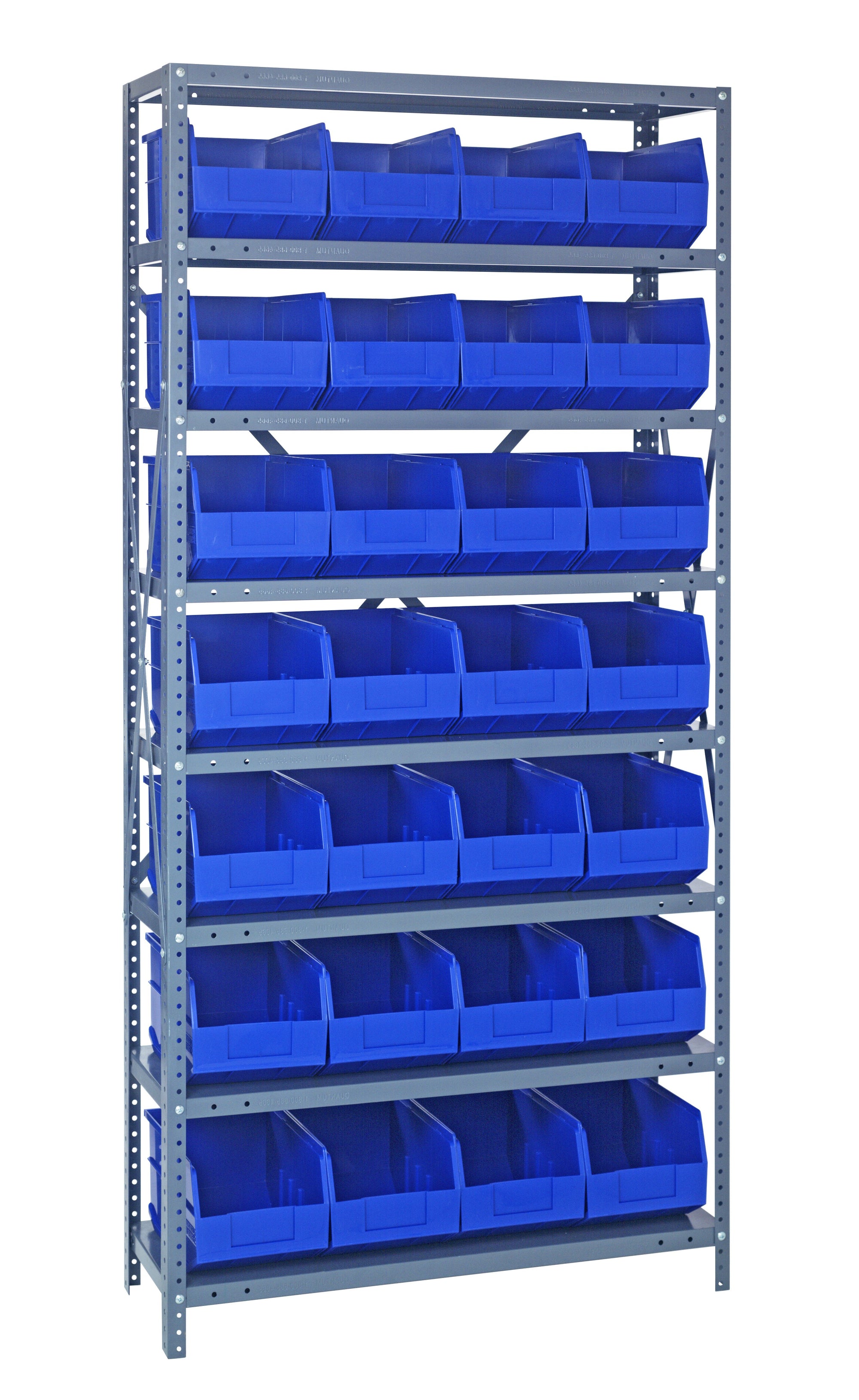 Wire Shelf Bin Organizer - 36 x 12 x 72 with 4 x 12 x 4 Blue Bins