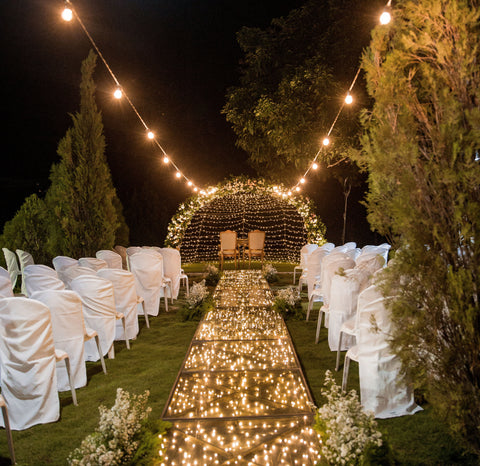 wedding venue at night fairy lights