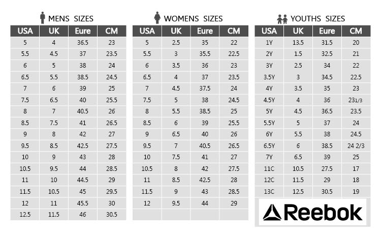 reebok shoes size chart cm
