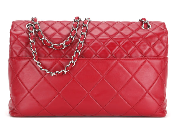 CHANEL 3 COMPARTMENT FLAP BAG (1940xxxx) JUMBO RED LAMBSKIN SILVER  HARDWARE, NO CARD & DUST COVER
