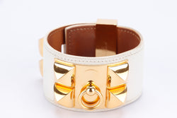Hermes CDC Bracelet (Stamp N Square), width 4cm, White Calfskin, Gold Hardware, no Dust Cover & Box