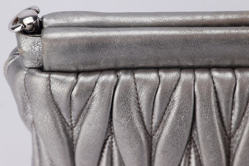 MIU MIU 5BH356 CLUTCH, MATELASSE NAPPA LEATHER, METALLIC SILVER COLOR, WITH CARD, STRAP & DUST COVER