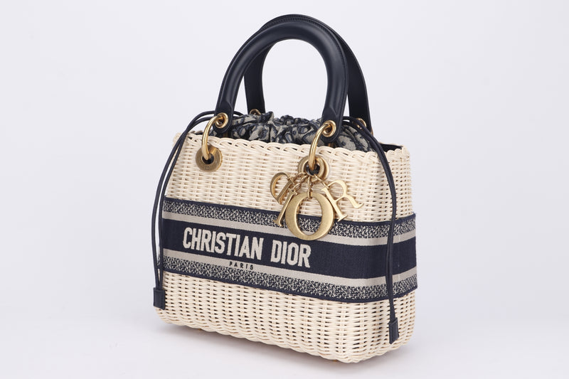 Christian Dior Lady Dior Natural Wicker (M0565CMVO) Medium Size, Blue Dior Oblique Jacquard, Gold Hardware, no Strap & Dust Cover