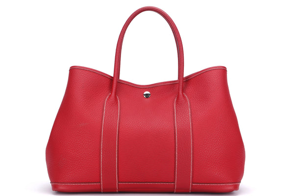 HERMES GARDEN PARTY 30 TOTE BAG (STAMP A) RED LEATHER & CANVAS SILVER  HARDWARE, WITH DUST COVER