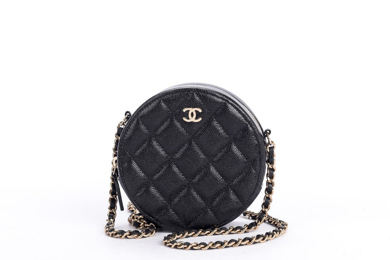 CHANEL Black Caviar Leather Mini Round Purse Vanity