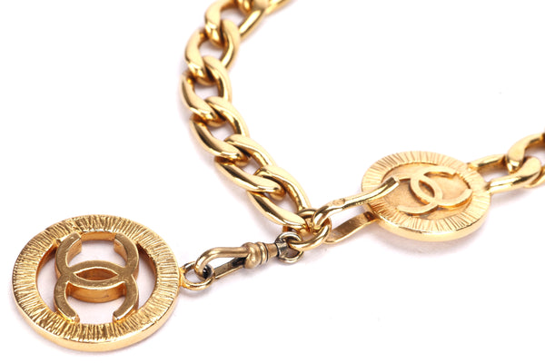 CHANEL GOLD PLATED 80CM WAIST CHAIN BELT WITH ROUND CC PENDANT, WITH BOX