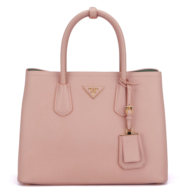 prada 1bg775 double medium pink saffiano leather 2 ways use bag, gold  hardware, with card, sling & dust cover