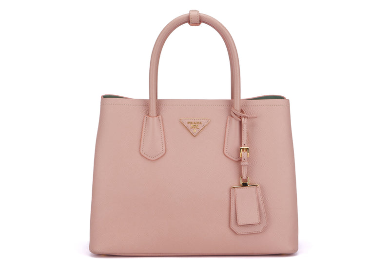 prada 1bg775 double medium pink saffiano leather 2 ways use bag, gold  hardware, with card, sling & dust cover