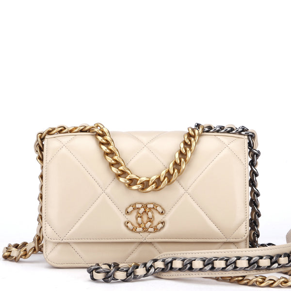 CHANEL 19 WALLET ON CHAIN (3096xxxx) LIGHT BEIGE COLOR LAMBSKIN, GOLD,  SILVER & RUTHENIUM HARDWARE, WITH CARD, DUST COVER & BOX