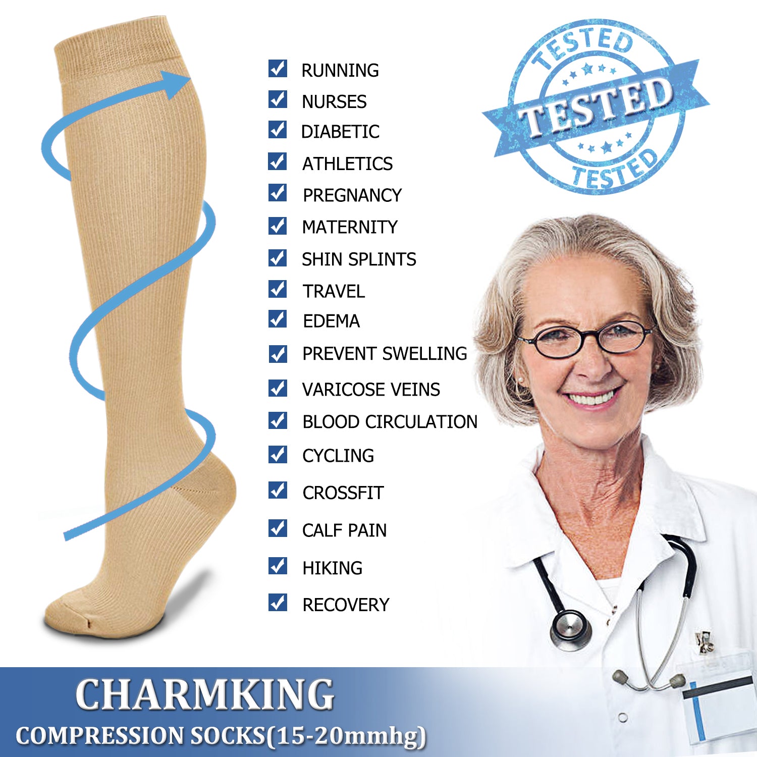 Compression Socks (8 Pairs), 15-20 mmhg for Men & Women – CHARMKING