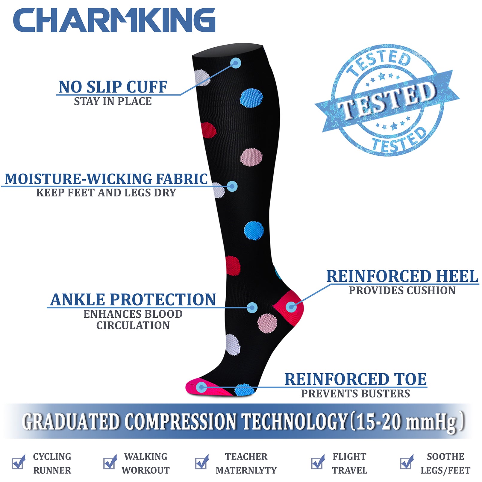Compression Socks (8 Pairs), 15-20 mmHg for Men & Women – CHARMKING