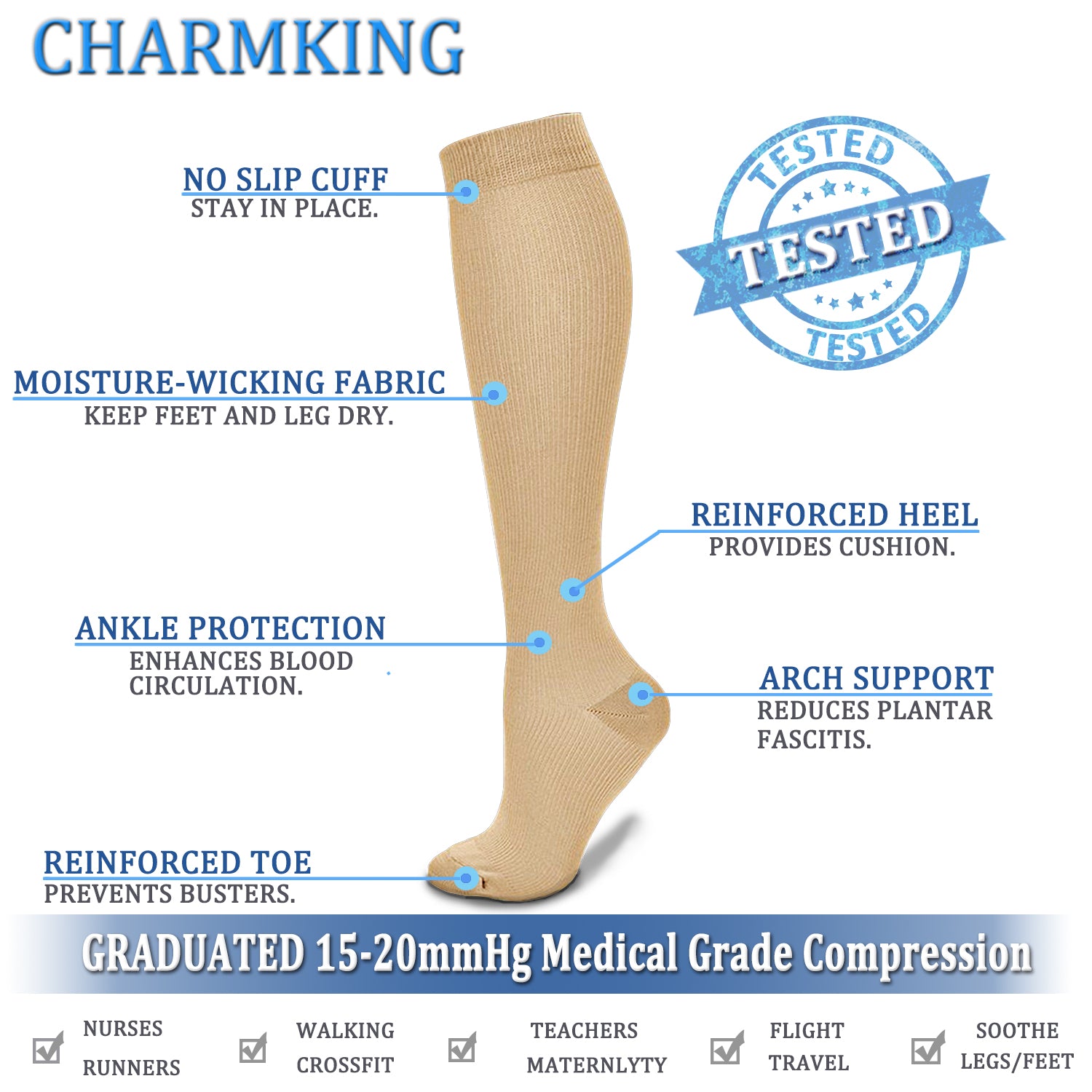 Compression Socks for Nurses (8 Pairs) 15-20 mmhg | Charmking – CHARMKING