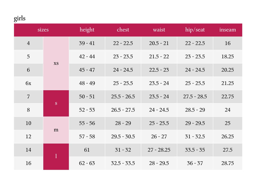 Girls Sizing Chart – Gilbert Christian Schools Clothing