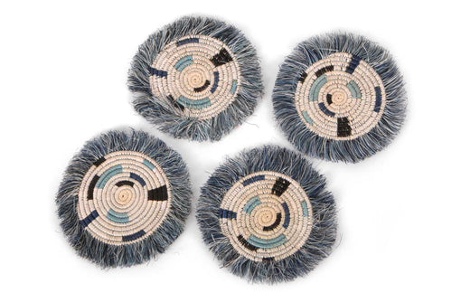 Coasters Silver Blue & Black fringed Set of 4