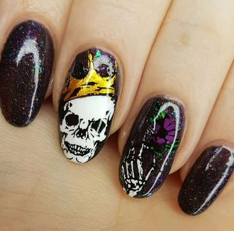 Skull nail stamping manicure using Sugar Bubbles SB056 nail stamping plate.