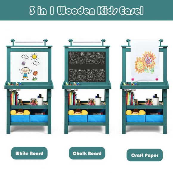 Deluxe Easel | Double Sided Whiteboard & Chalkboard Painting Easel with Paper Roll | 2 Storage Boxes | Teal Blue