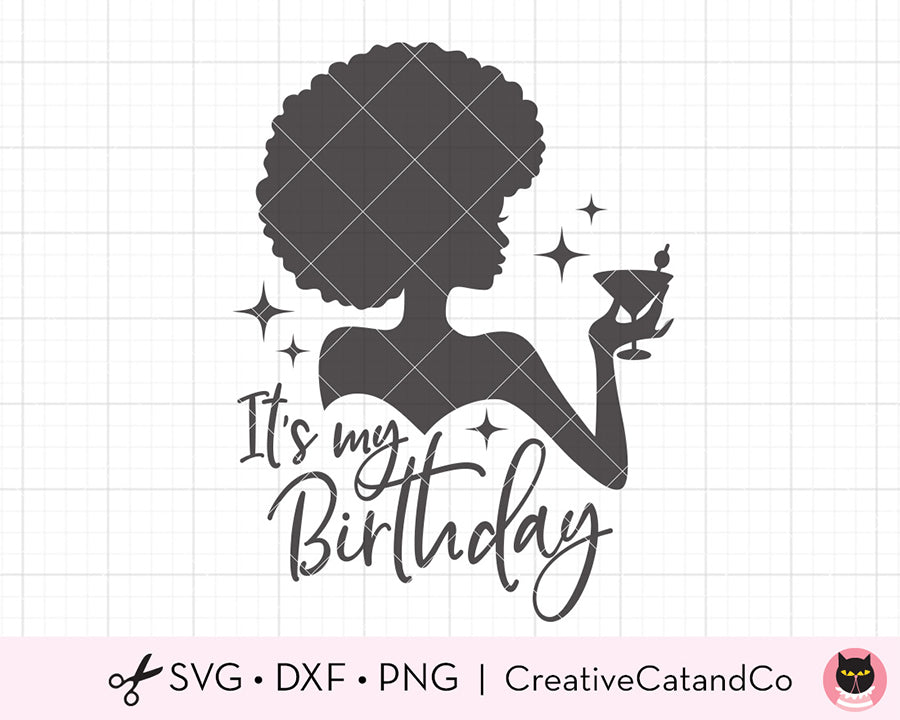 Download Birthday Celebration Afro Woman With Drink Silhouette Svg Creativecatandco
