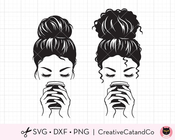 Download Messy Bun Woman with Coffee SVG Cut Files | CreativeCatandCo