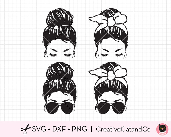 Woman with Messy Bun Sunglasses Eyelashes SVG Bundle | CreativeCatandCo