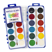Load image into Gallery viewer, 18 Set Bulk Watercolor Paint Pack with Wood Brushes 12 Washable Colors Perfect for Kids Classroom Parties Students All Ages by Color Swell Color Swell