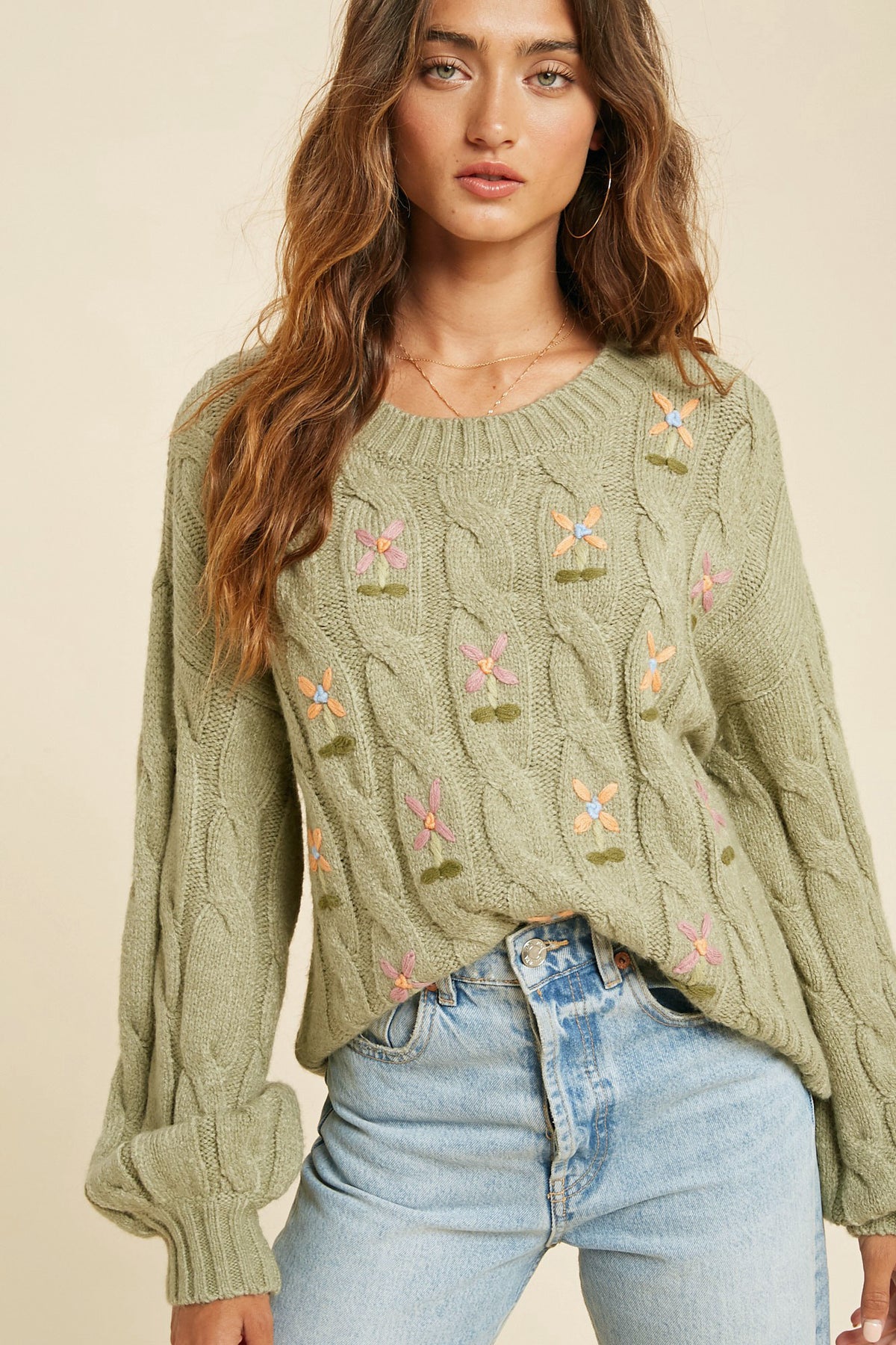 2 pc Sage Flowered Embroidered Cami and Cardigan Sweater Set