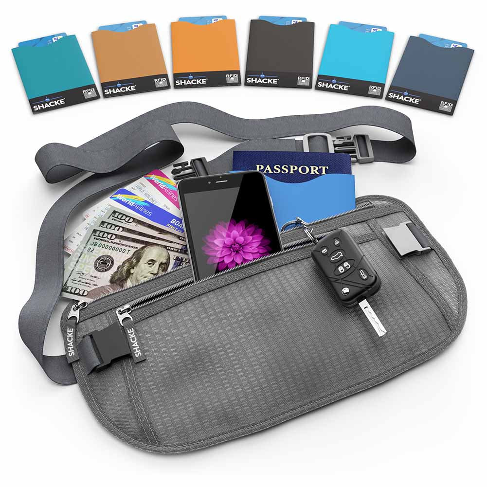 Shacke Money Belt Pouch w/ Dual Clip - RFID Passport & CC Card Sleeves ...