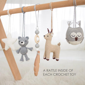 Woodland Baby play gym with 5 mobiles: deer, bear, owl, star, feather.