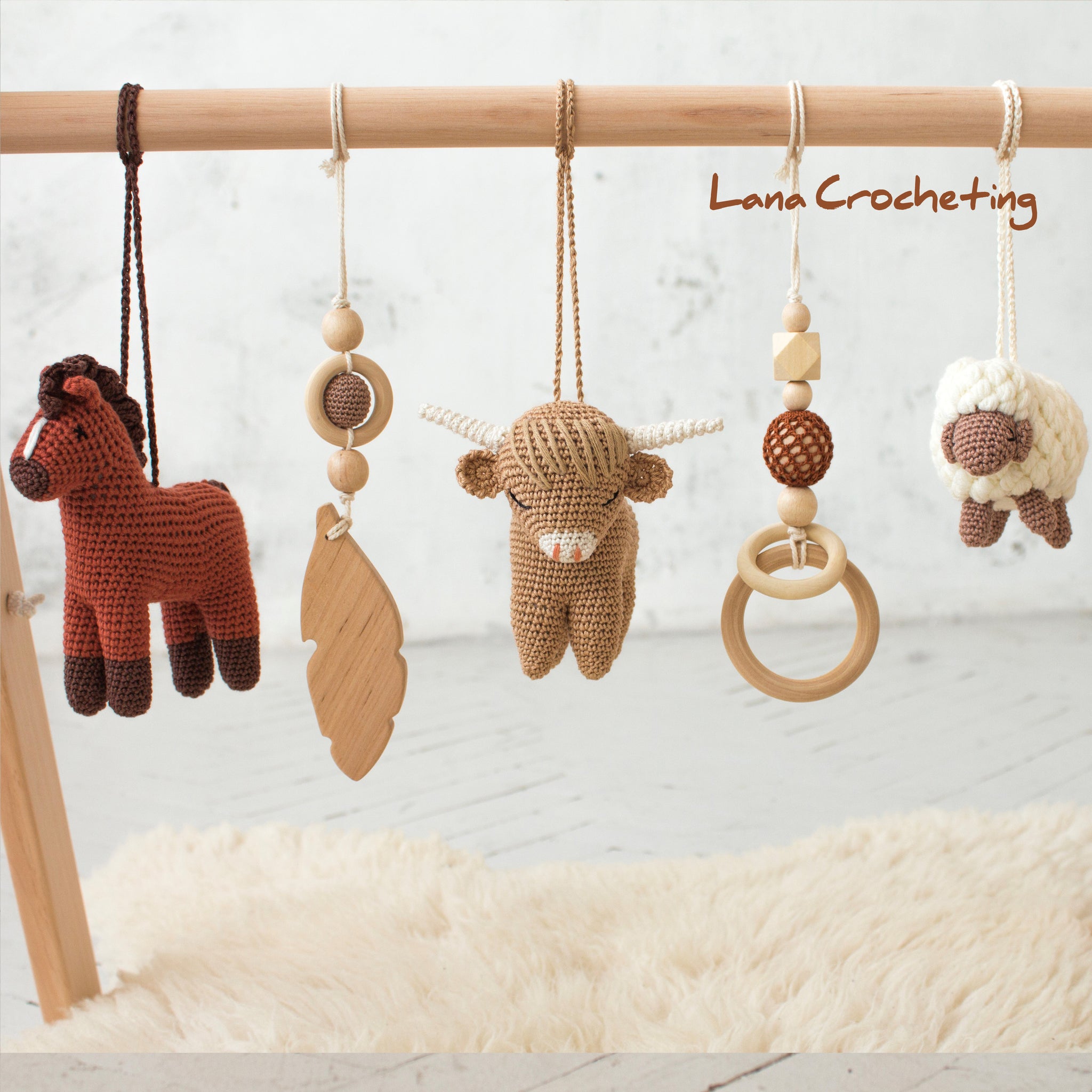 Natural Horse Handmade Farm Animals Infant Activity Center Shower Gift Montessori Farm Earthy Rustic Wood Baby Play Gym Frame With 5 Mobiles By Lanacrocheting Sheep Cow Nursery Furniture Handmade Products Fcteutonia05 De